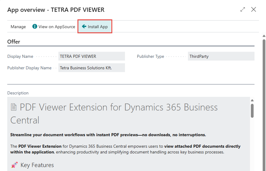 Installation of the PDF Viewer Extension for Dynamics 365 Business Central