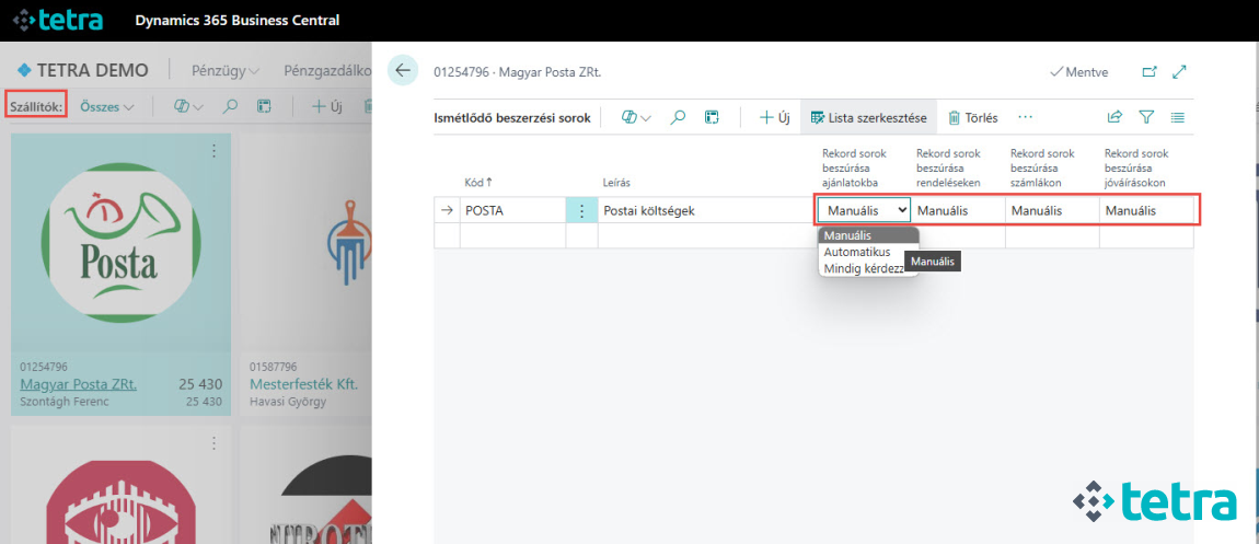 Microsoft Business Central ERP - Jogcímkódok hozzárendelése szállítóhoz