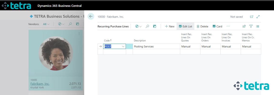 Microsoft Business Central ERP- Recurring Purchase Lines to Vendors