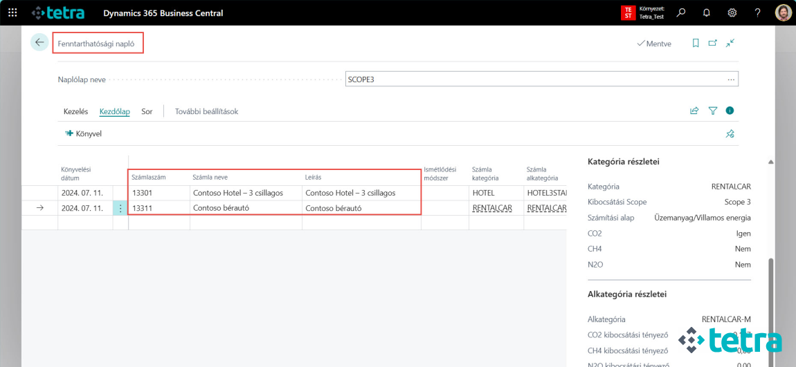 Microsoft Business Central - Fenntarthatósági napló