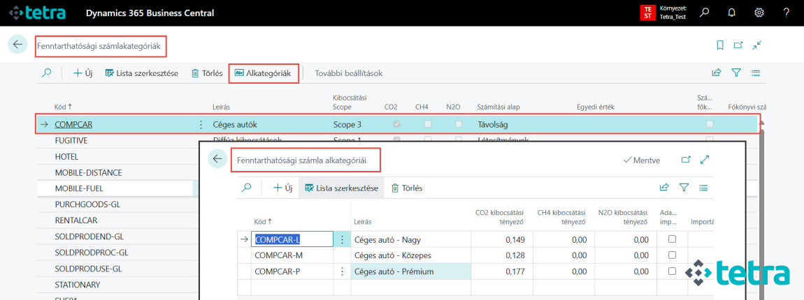 Microsoft Business Central - Fenntarthatósági kategóriák