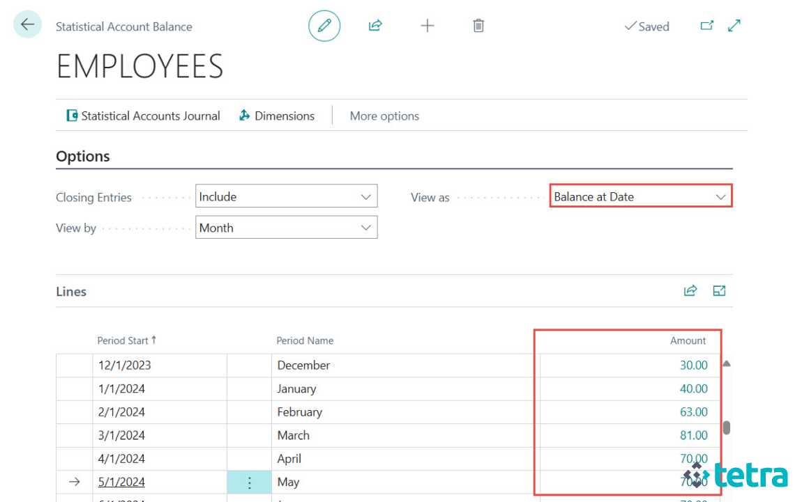 Microsoft Business Central -  Statistical Account Balance