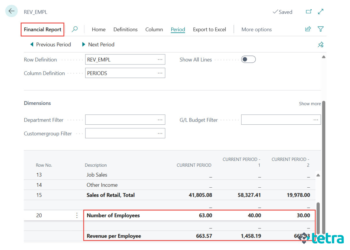 Microsoft Business Central -  Statistical Accounts Example: Revenue / Emloyees
