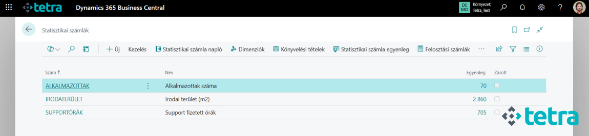 Microsoft Dynamics 365 Business Central - Statisztikai számlák