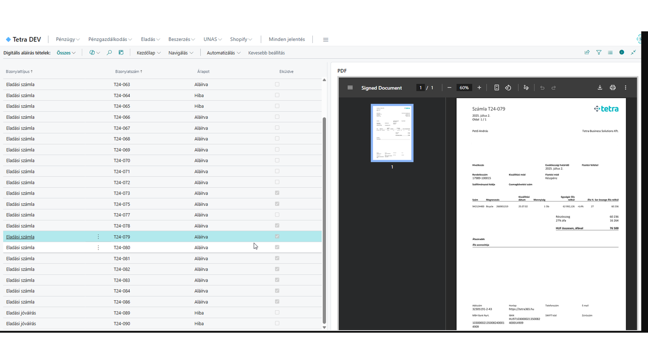 Digitális aláírás állapota és az aláírt PDF megtekintése Microsoft Dynamics 365 Business Centralban