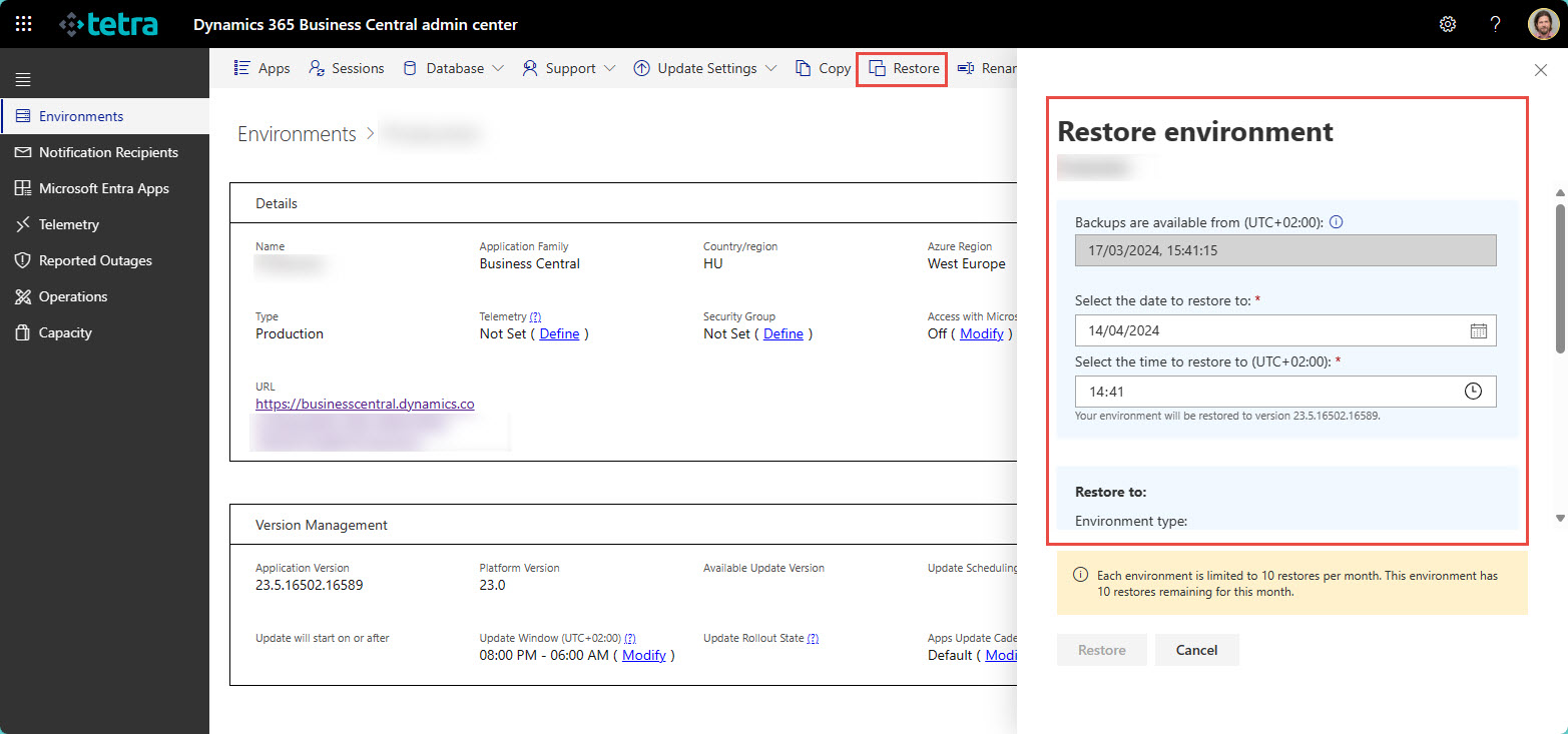 Microsoft Dynamics 365 Business Central mentés, visszaállítás